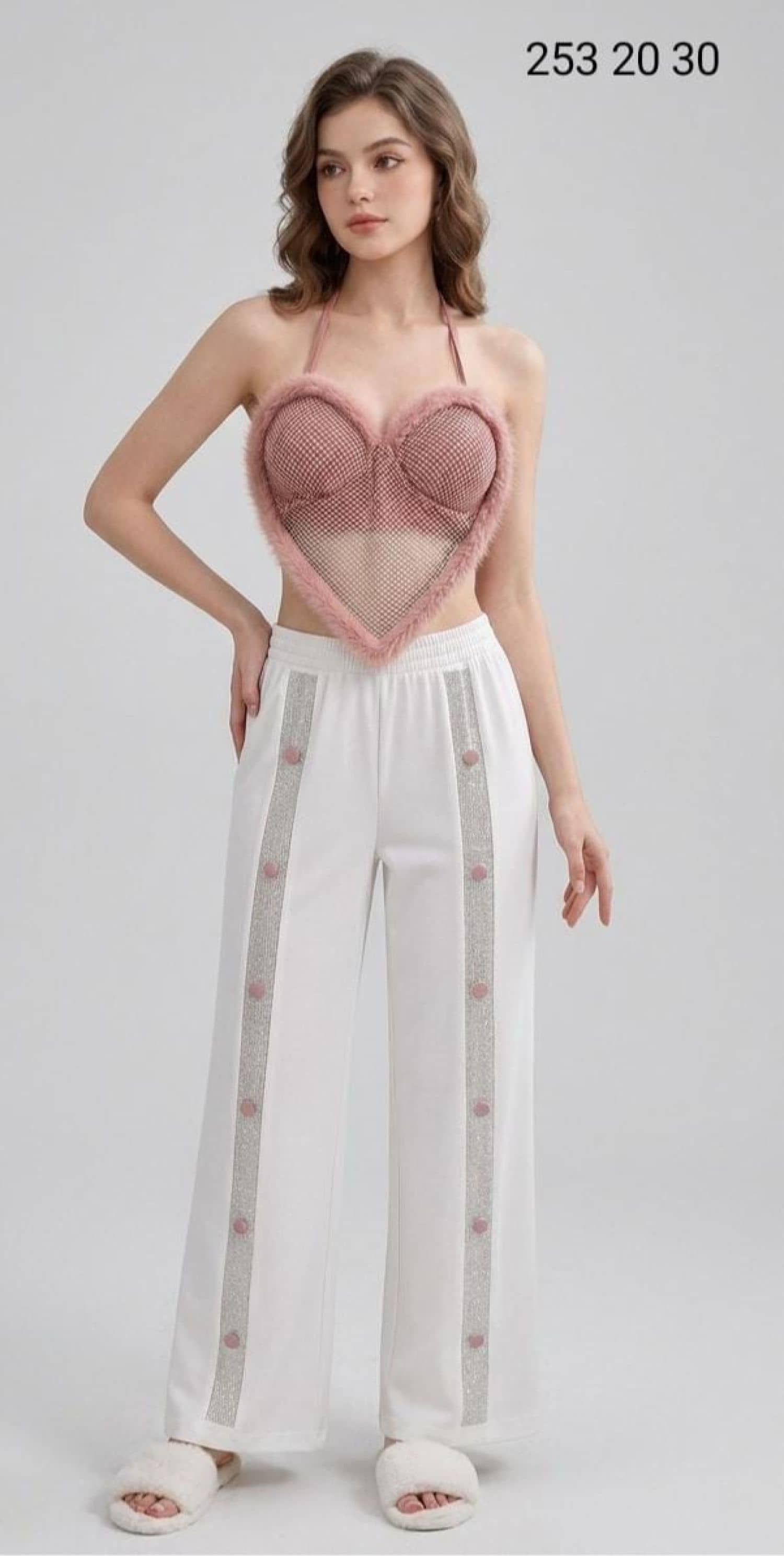 File Detaylı Kalp Pijama Takımı