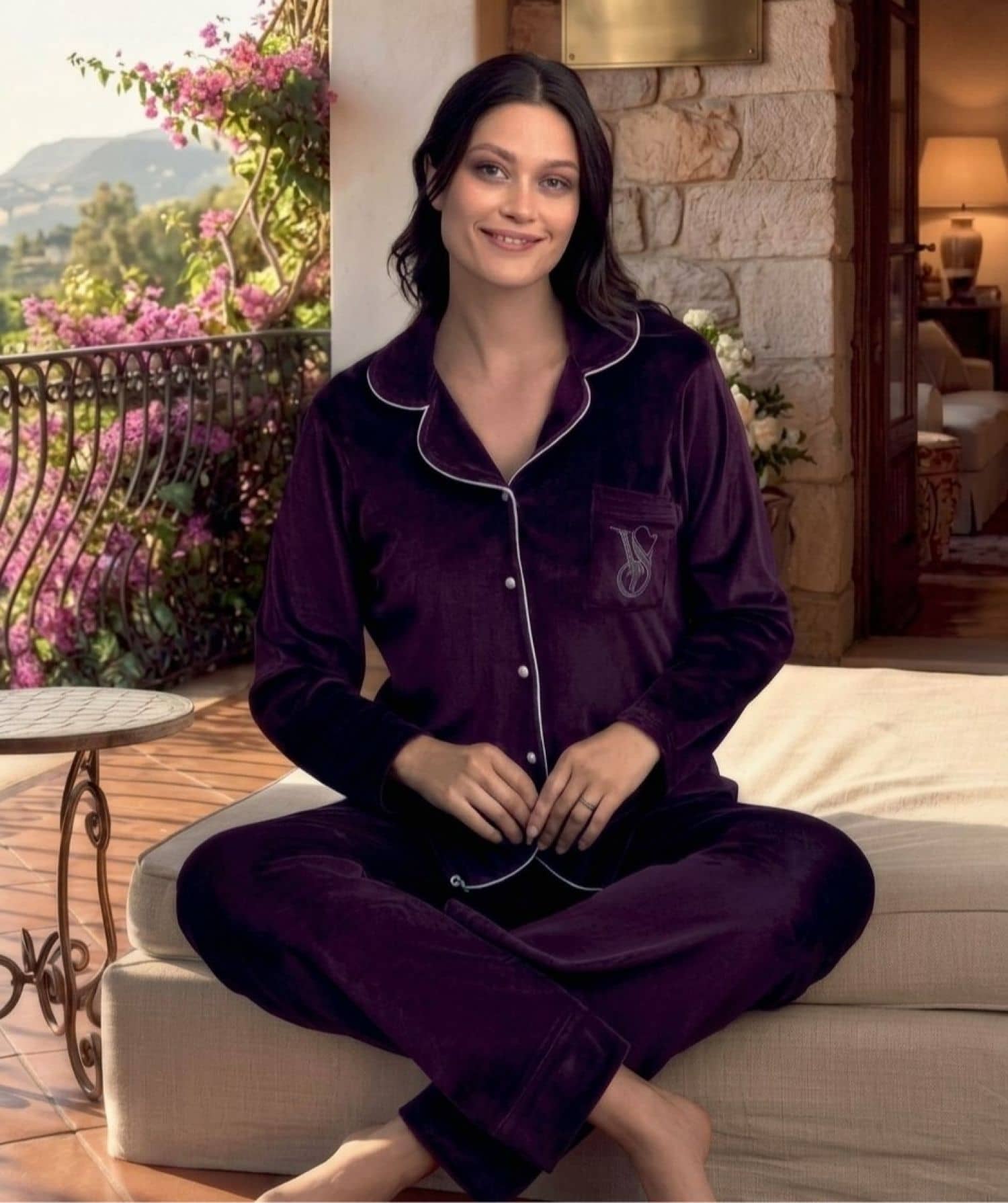 SV-8233 Velvet Button Long Sleeve Pajama