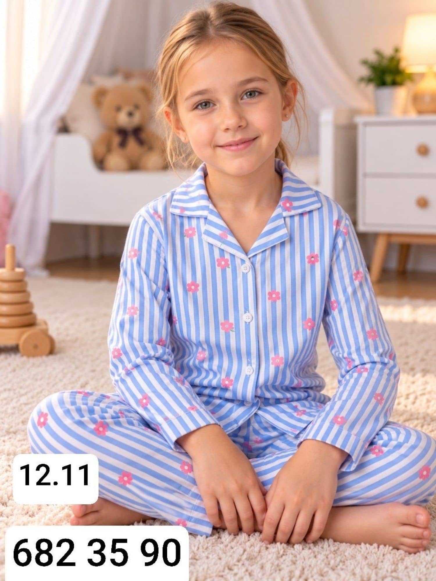 Kız Çocuk Düğmeli Kol Pijama Takımı Ç-2000