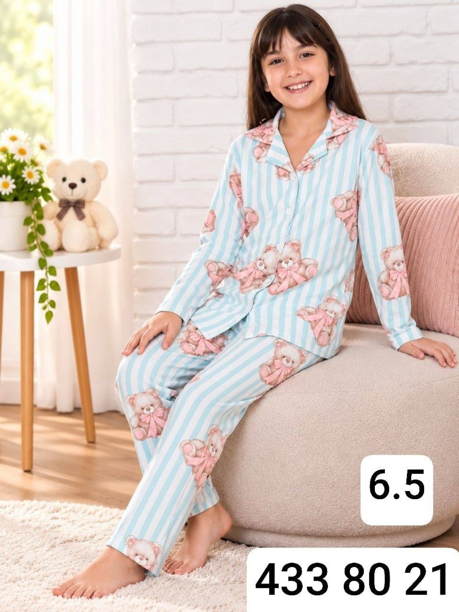 Girls Button-Sleeve Pajama Set Ç-3000