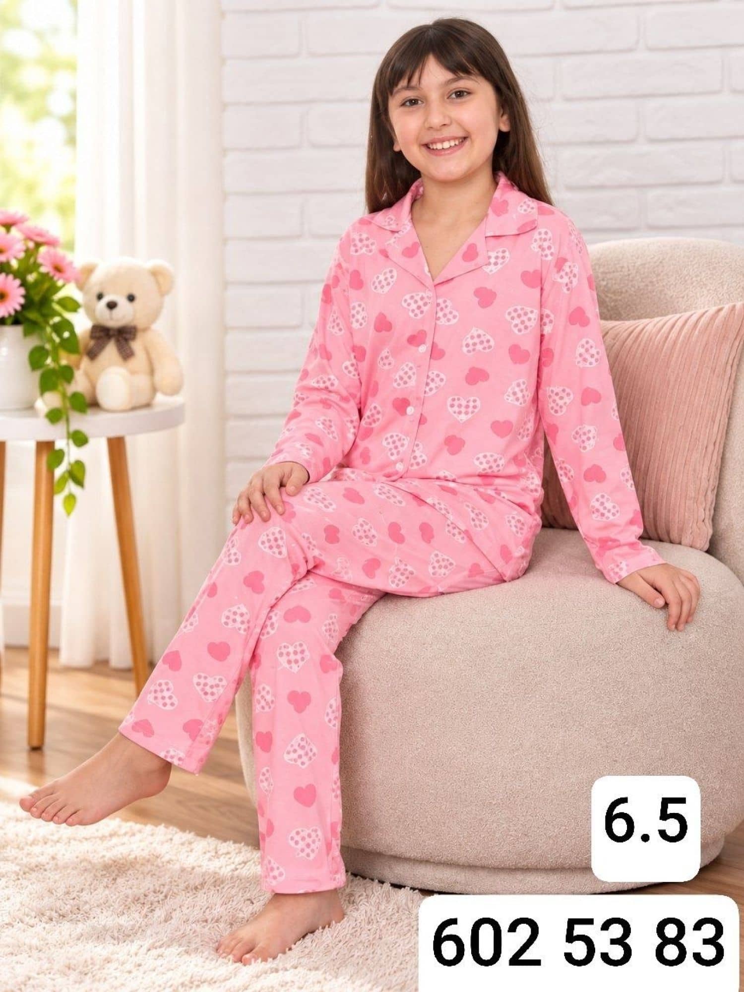Kız Çocuk Düğmeli Kol Pijama Takımı Ç-3000