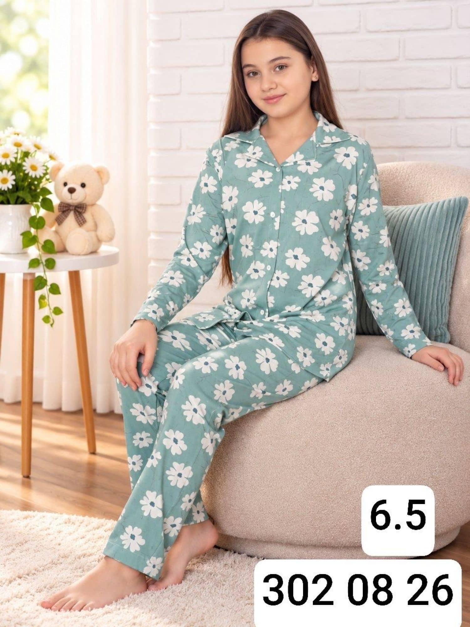 Kız Çocuk Düğmeli Kol Pijama Ç-3000