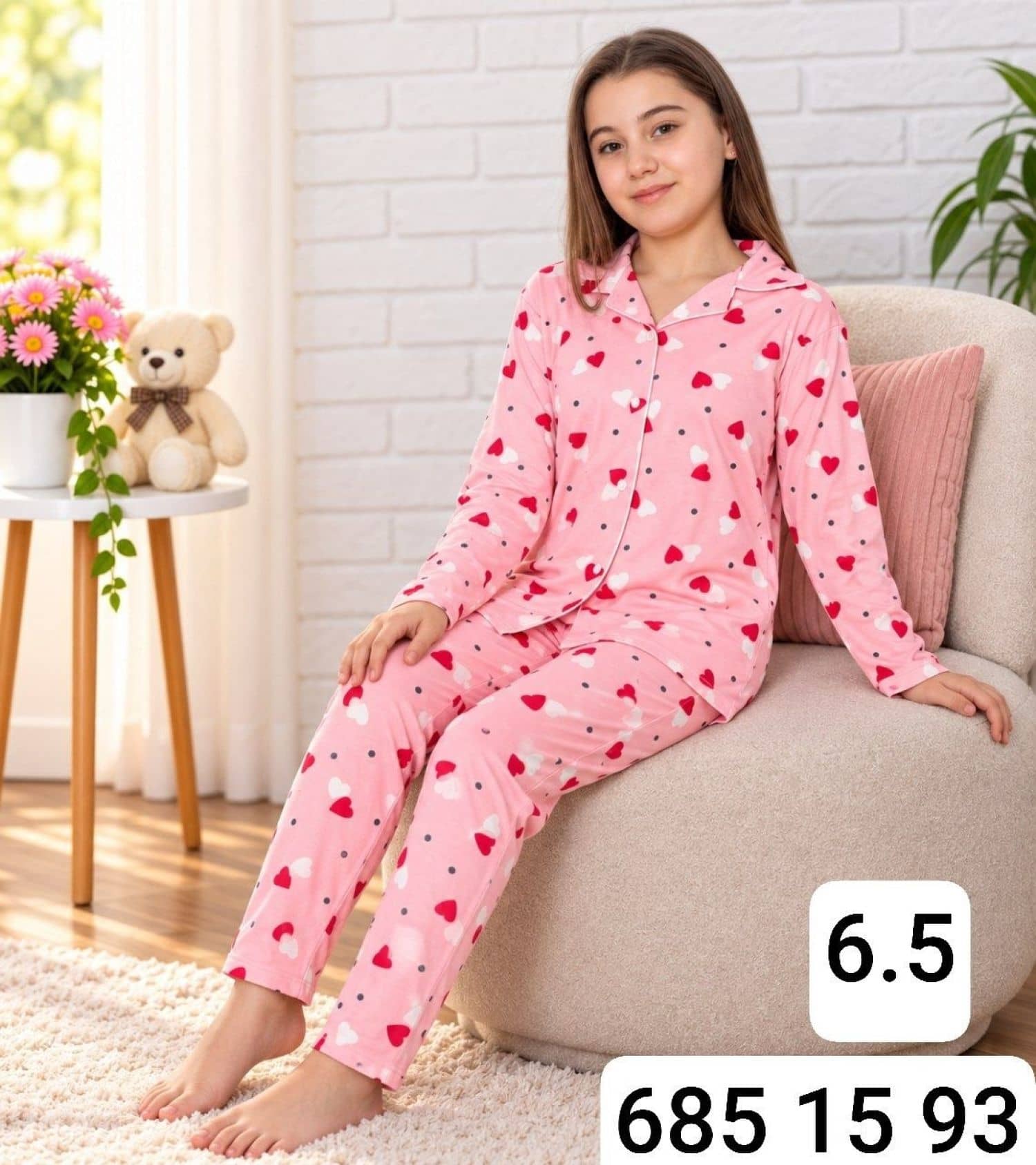 Kız Çocuk Düğmeli Kollu Pijama Takımı Ç-3000