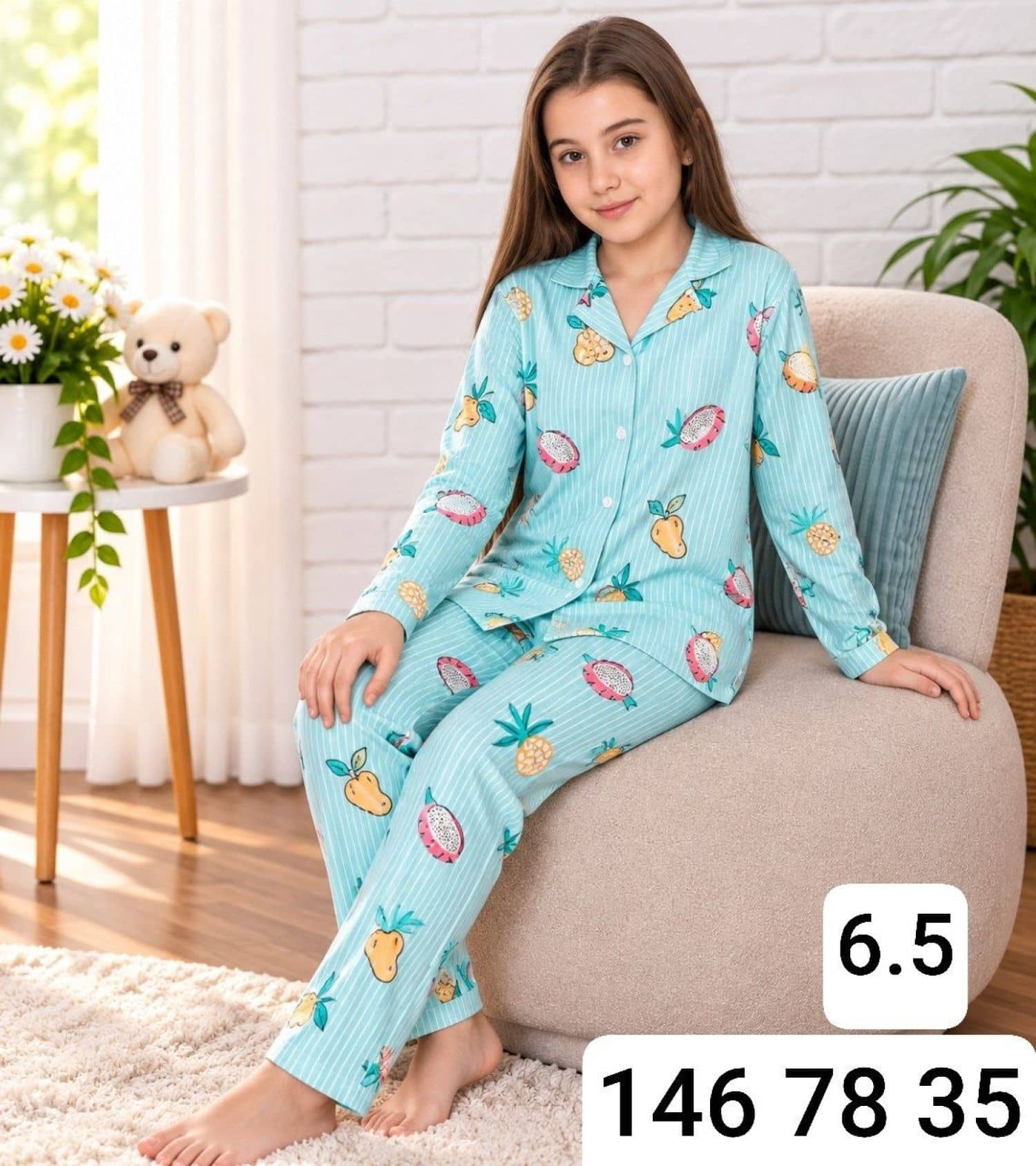 Kız Çocuk Düğmeli Kol Pijama Ç-3000