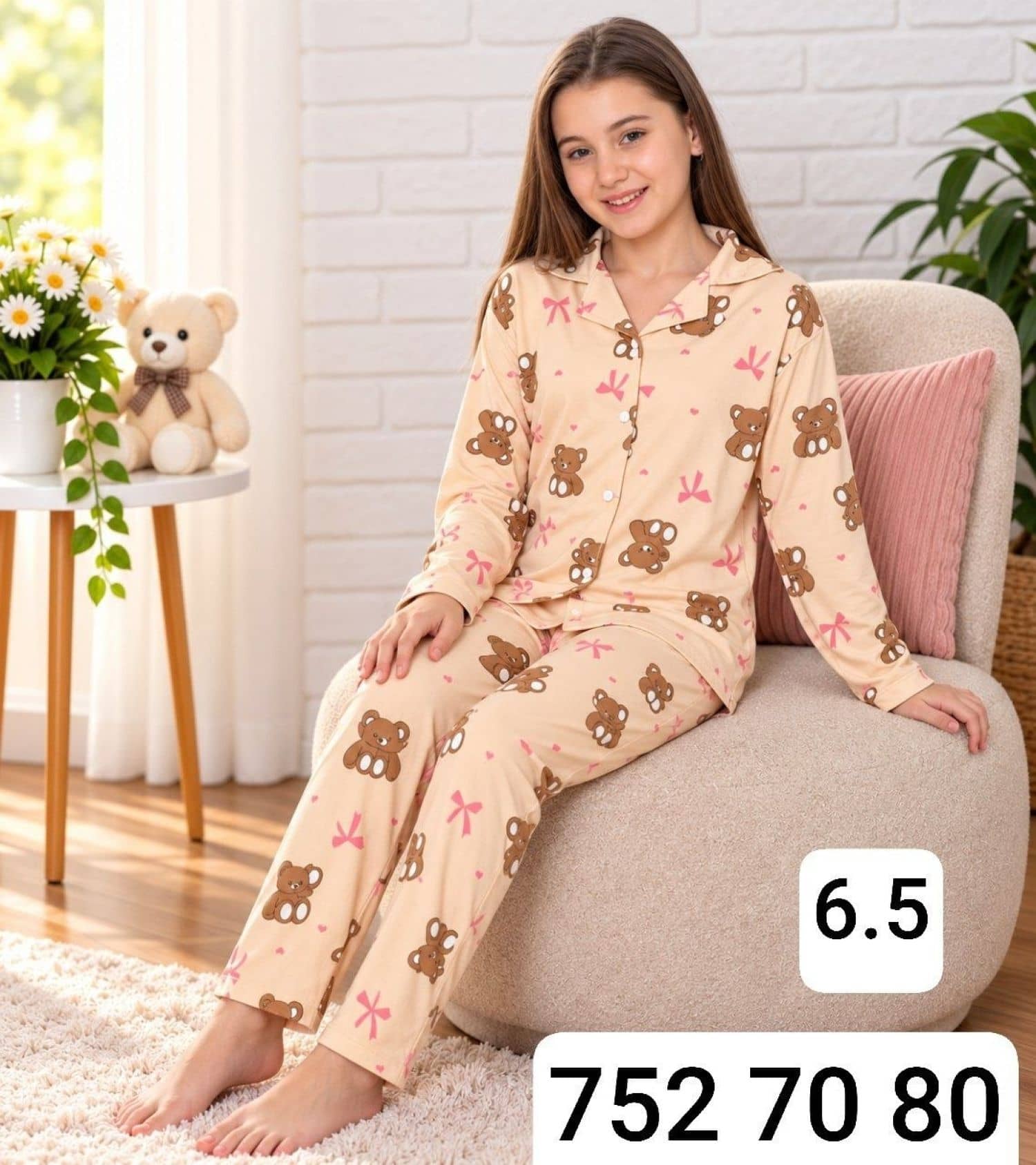 Kız Çocuk Düğmeli Kollu Pijama Takımı Ç-3000