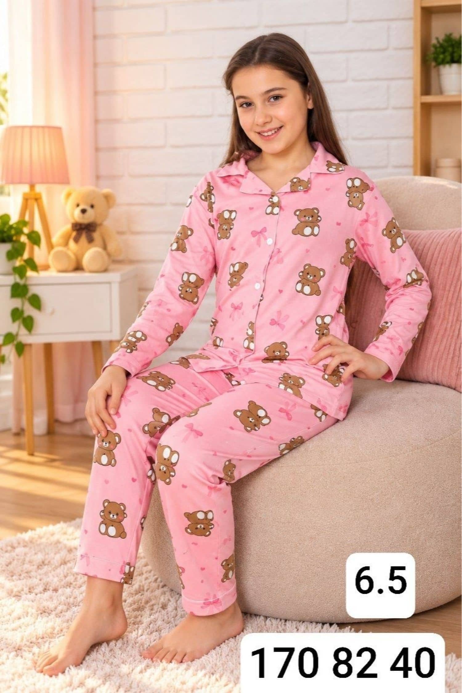 Kız Çocuk Düğmeli Kol Pijama Ç-3000