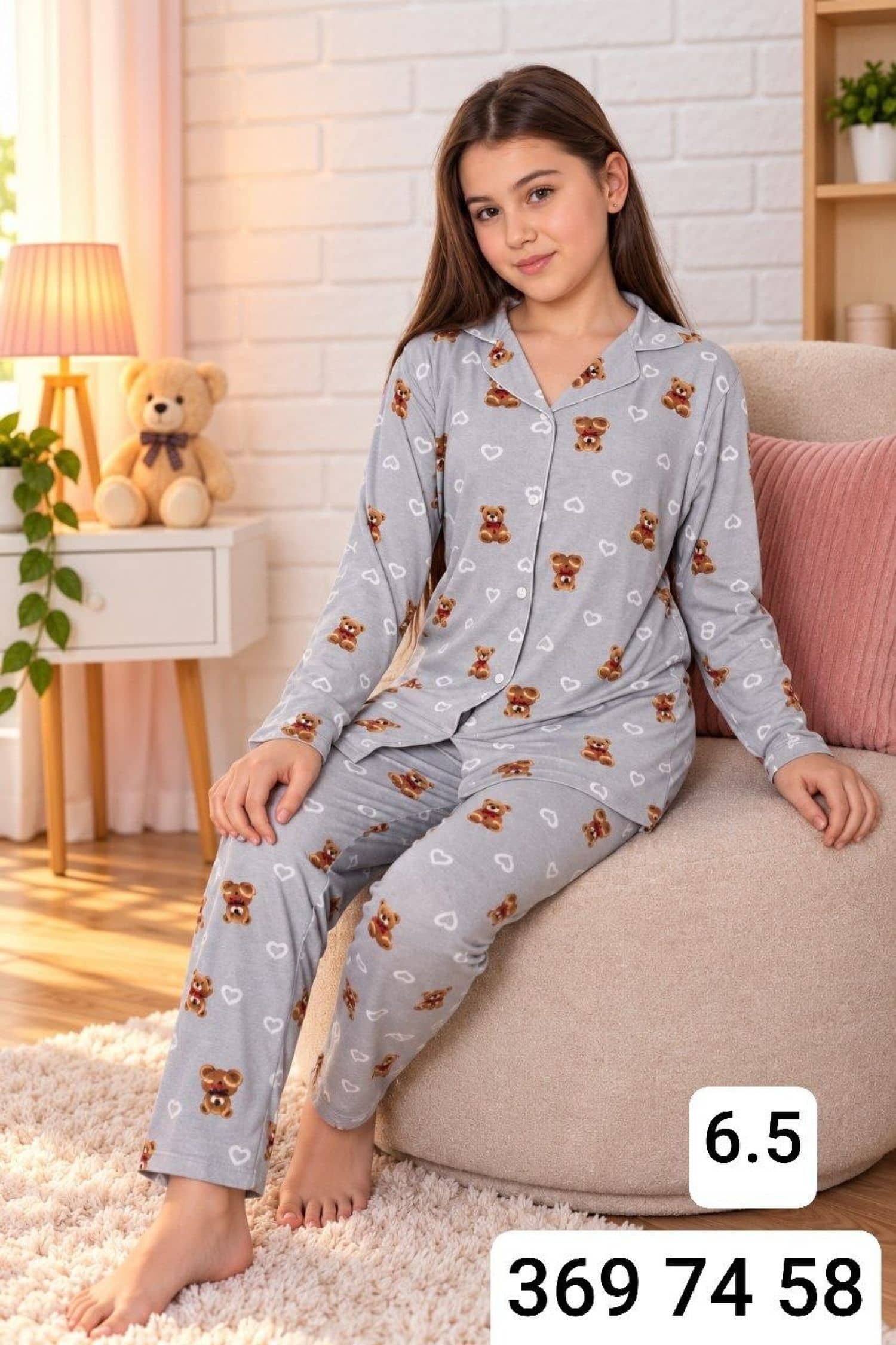 Girls Button-Sleeve Pajama Set Ç-3000