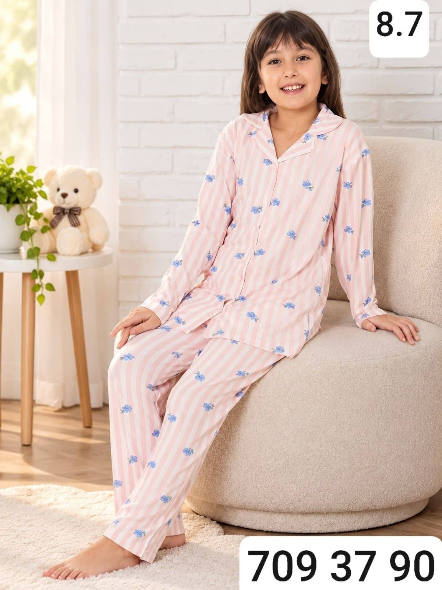 Kız Çocuk Düğmeli Kol Pijama Ç-3000