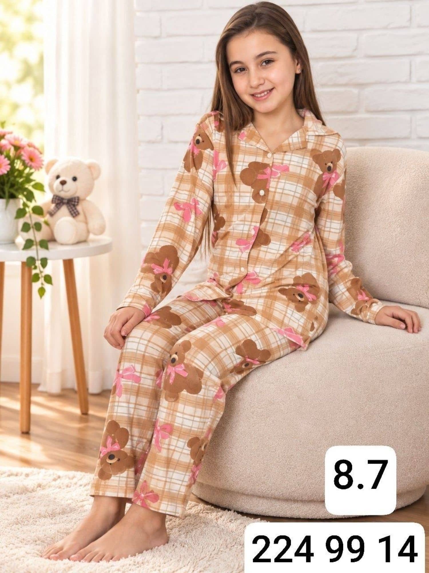 Kız Çocuk Düğmeli Kollu Pijama Ç-3000