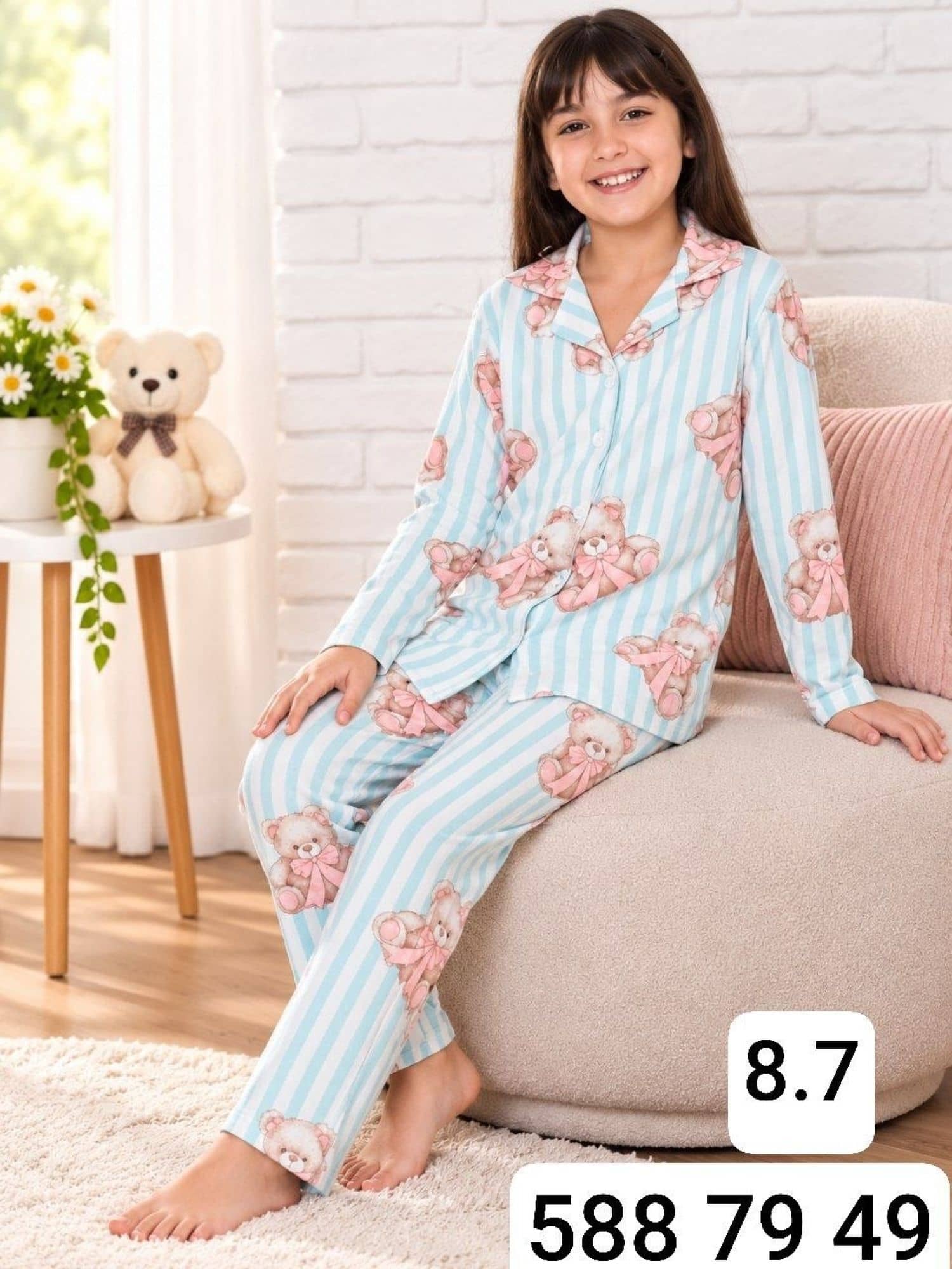 Kız Çocuk Düğmeli Kollu Pijama Ç-3000
