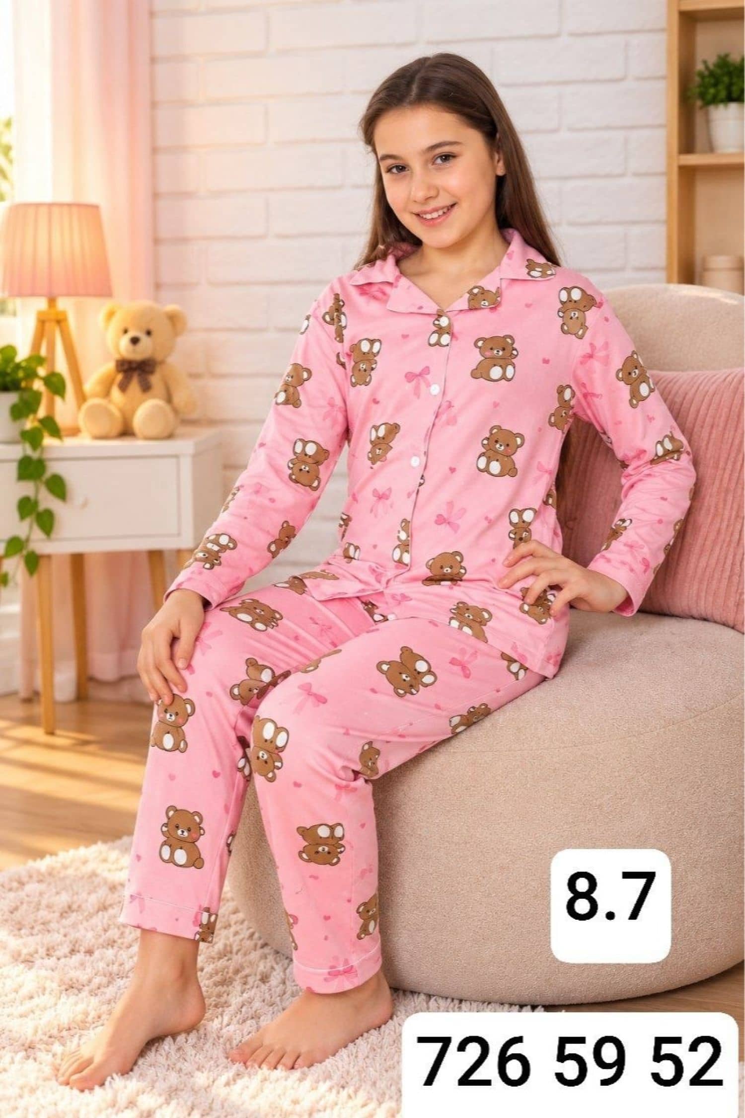 Kız Çocuk Düğmeli Kollu Pijama Takımı Ç-3000