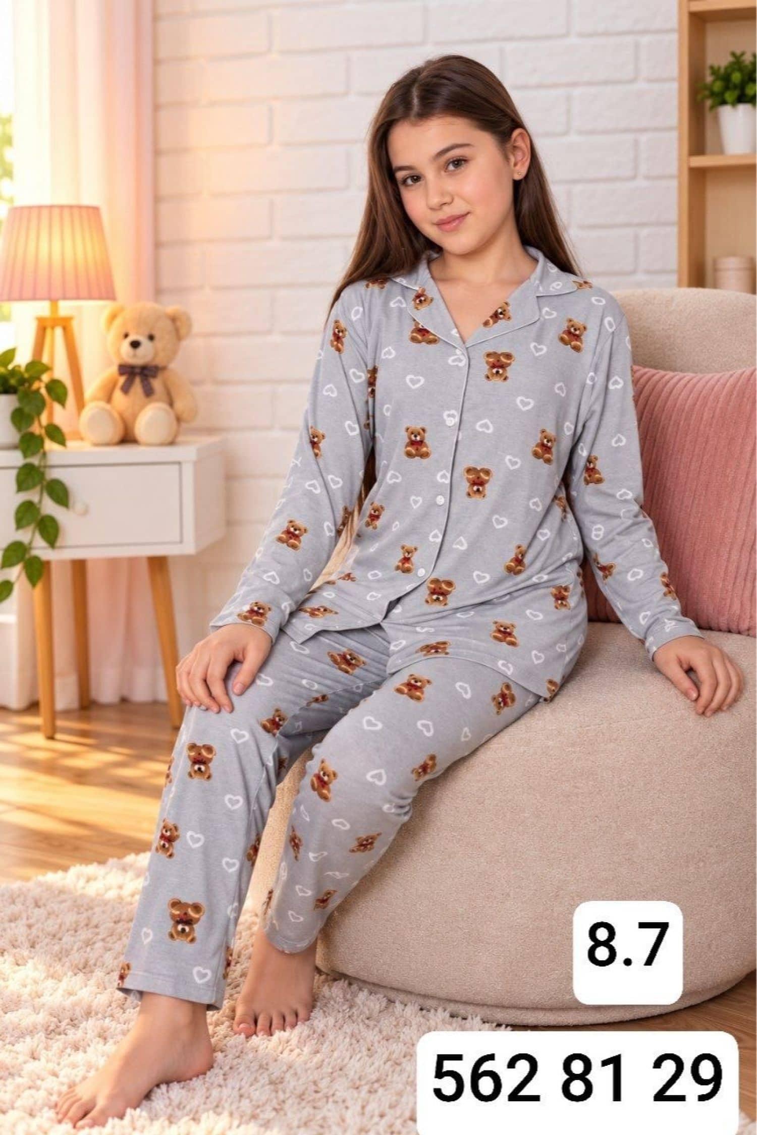Kız Çocuk Düğme Kollu Pijama Takımı Ç-3000