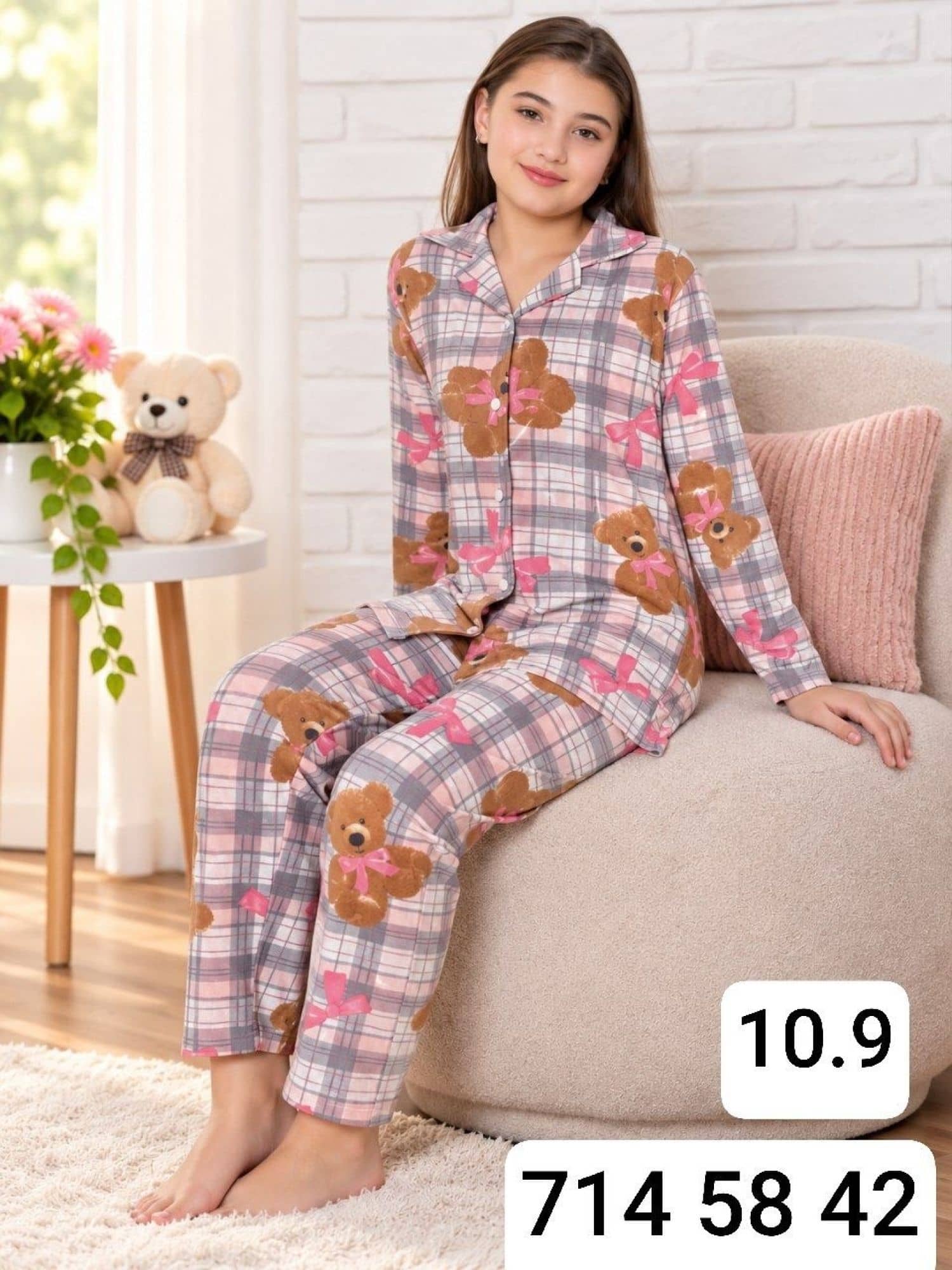 Girls Button-Sleeve Pajama Set Ç-3000