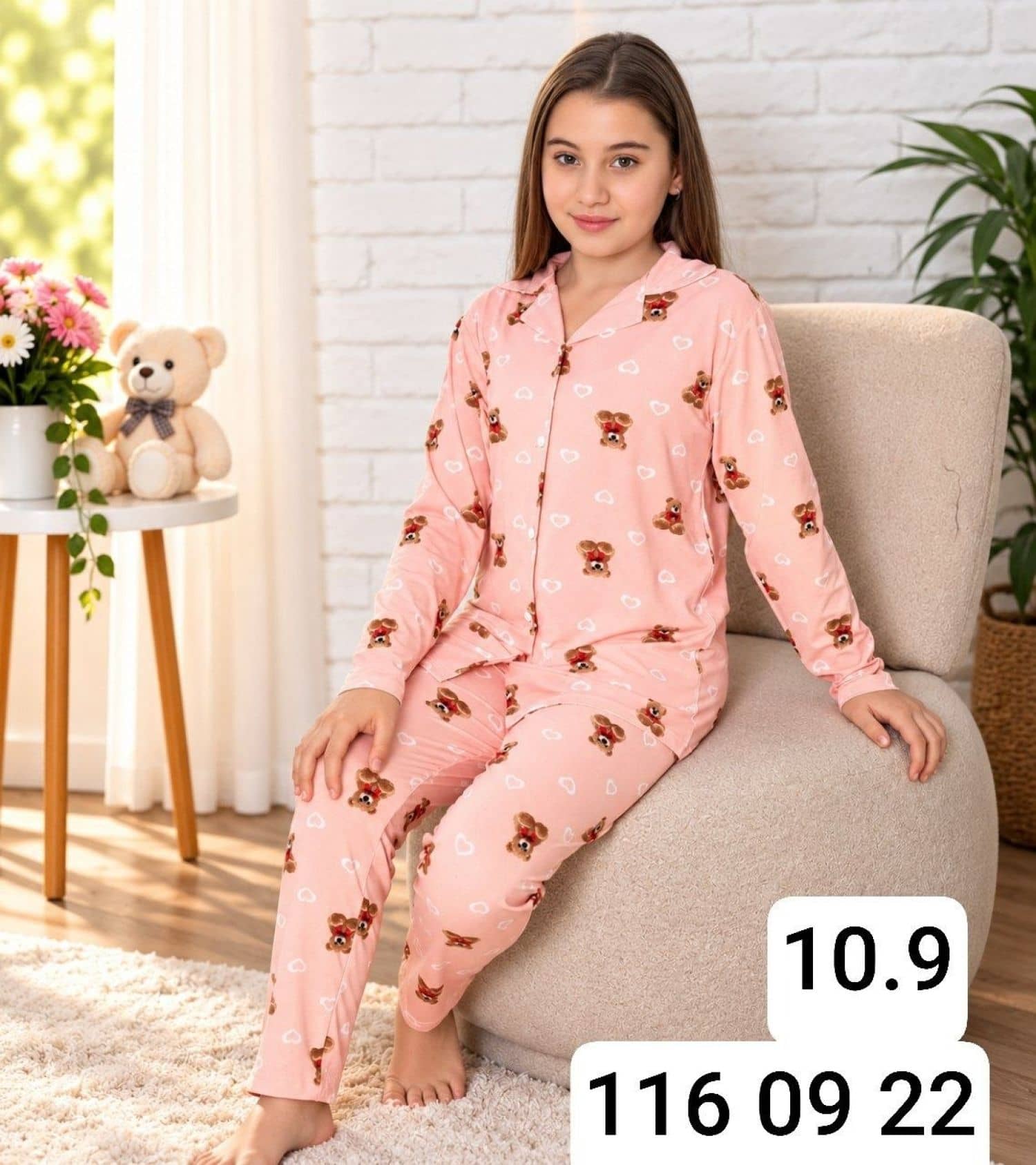 Girls Button-Sleeve Pajama Set Ç-3000