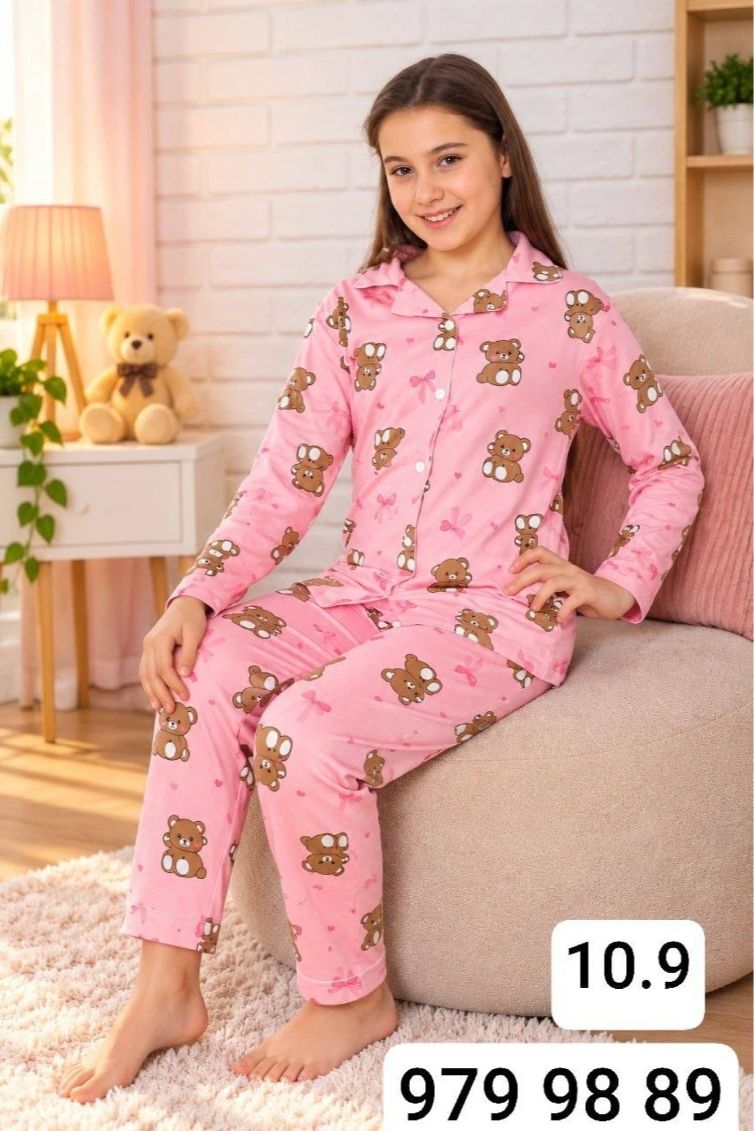 Kız Çocuk Düğmeli Kollu Pijama Takımı Ç-3000