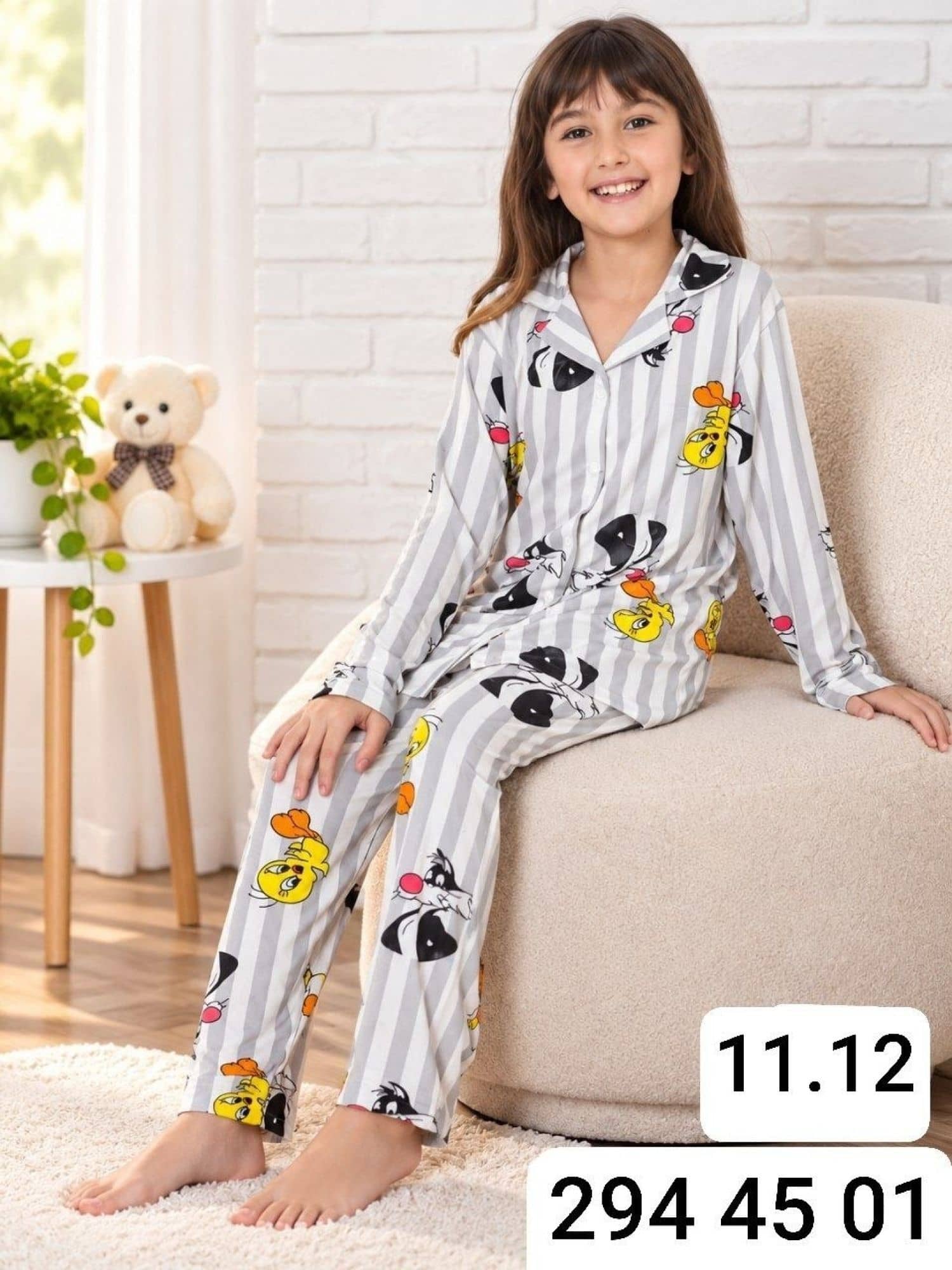 Kız Çocuk Düğme Kollu Pijama Takımı Ç-3000