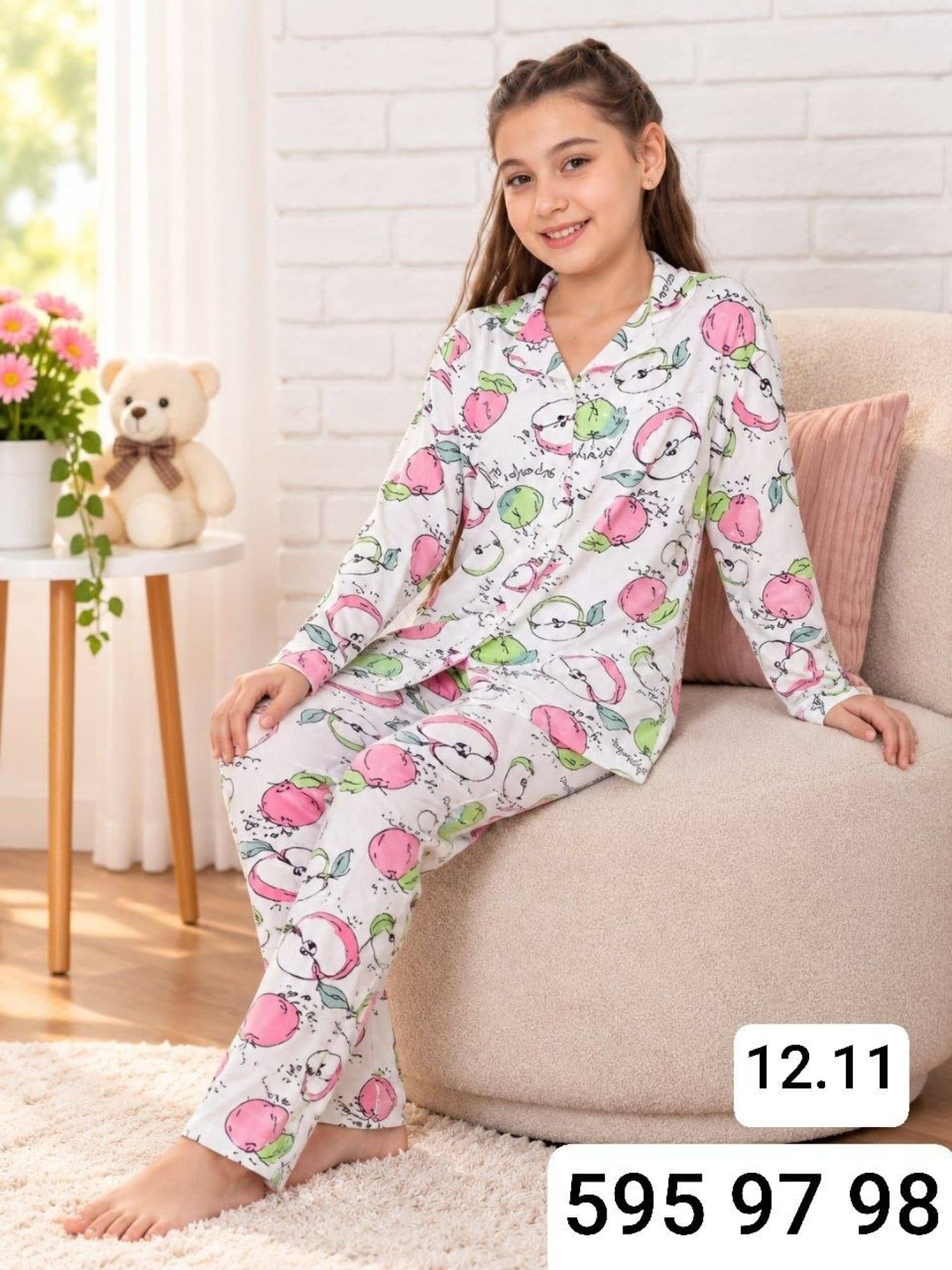 Kız Çocuk Düğmeli Kollu Pijama Takımı Ç-3000