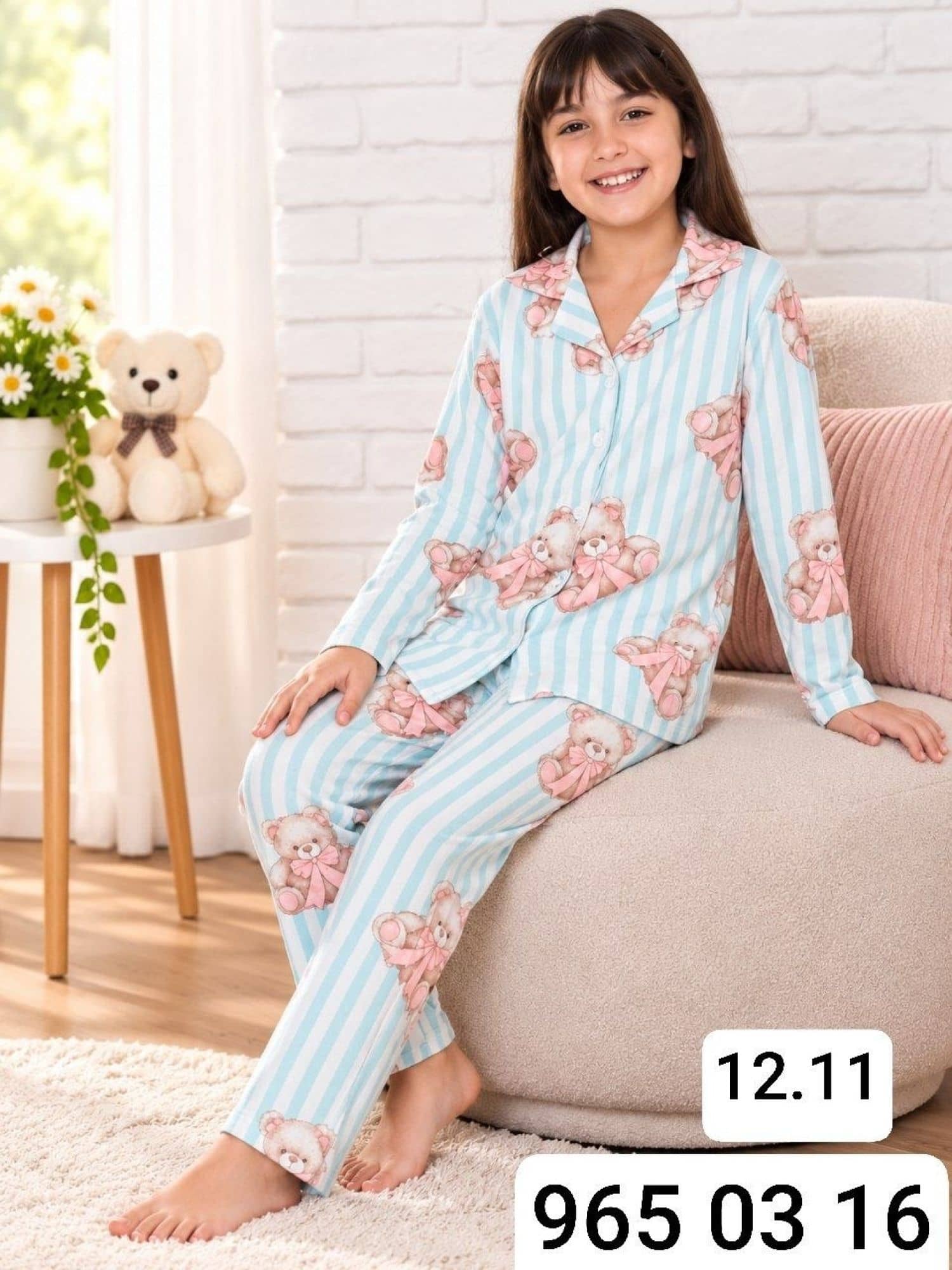 Girls Button-Sleeve Pajama Set Ç-3000