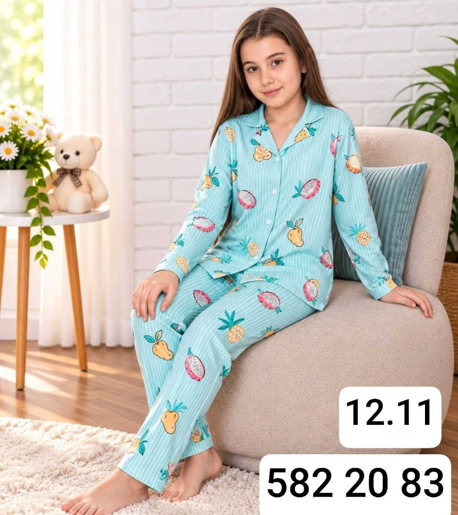 Kız Çocuk Düğmeli Kollu Pijama Takımı Ç-3000