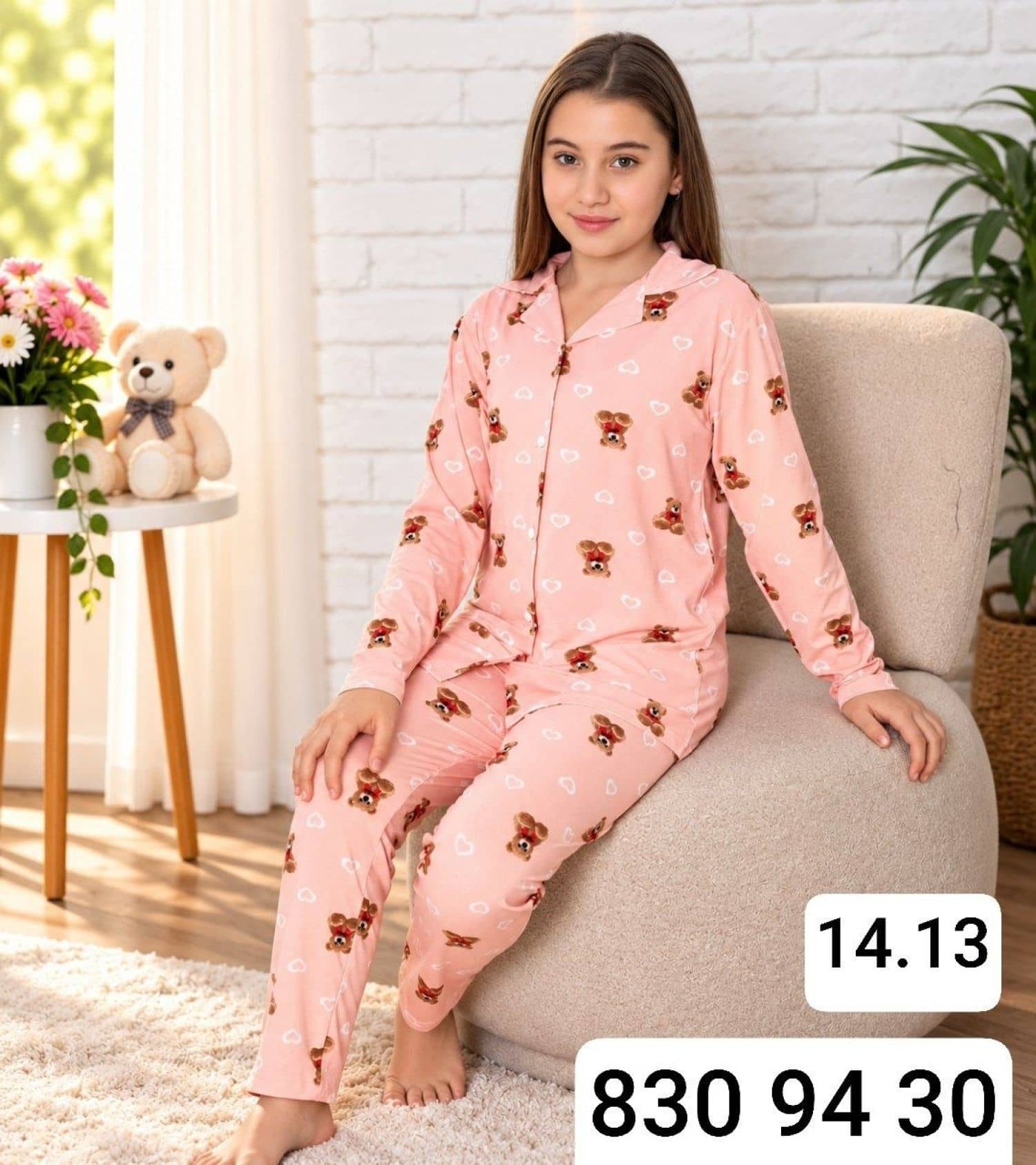 Kız Çocuk Düğmeli Kollu Pijama Takımı Ç-3000