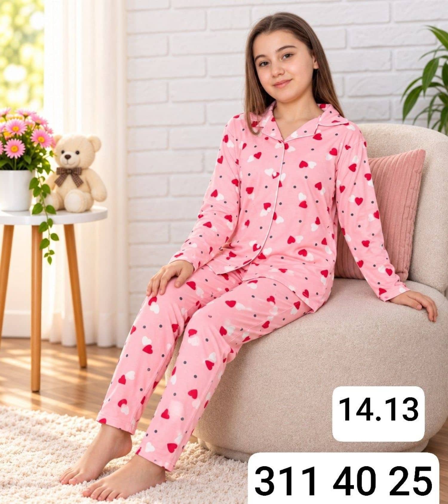 Girls Button-Sleeve Pajama Set Ç-3000
