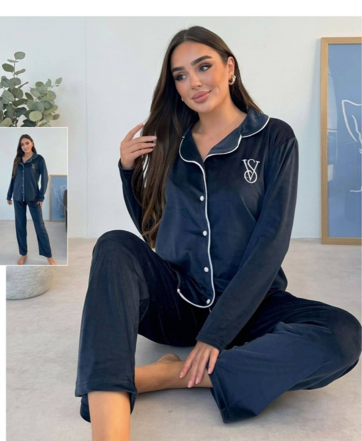 VS-001 Velvet Button Long Sleeve Pajama