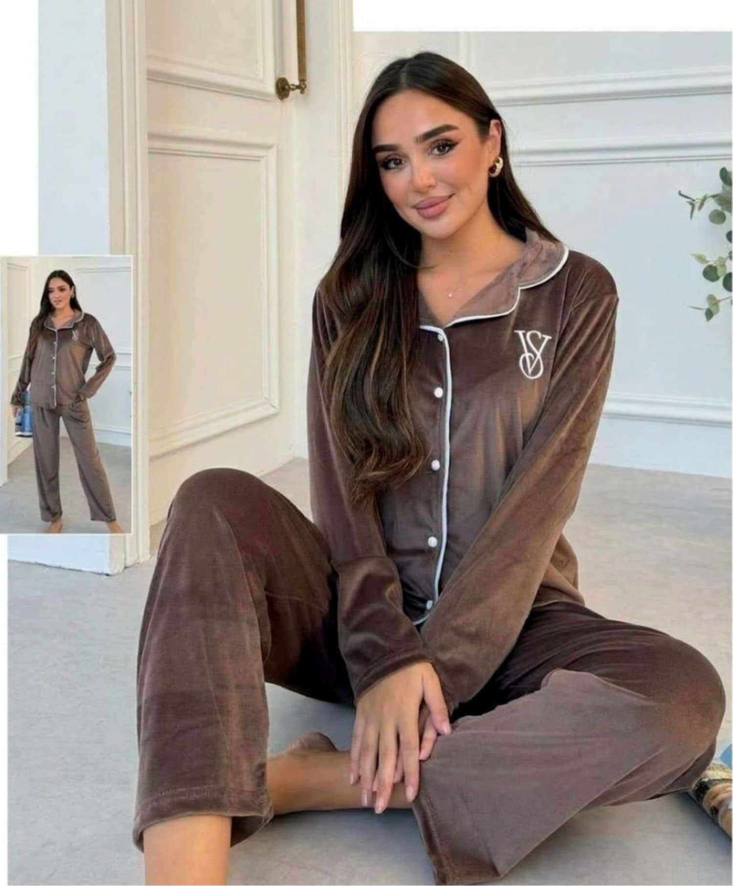 بيجامة كم زرار مخمل VS-001