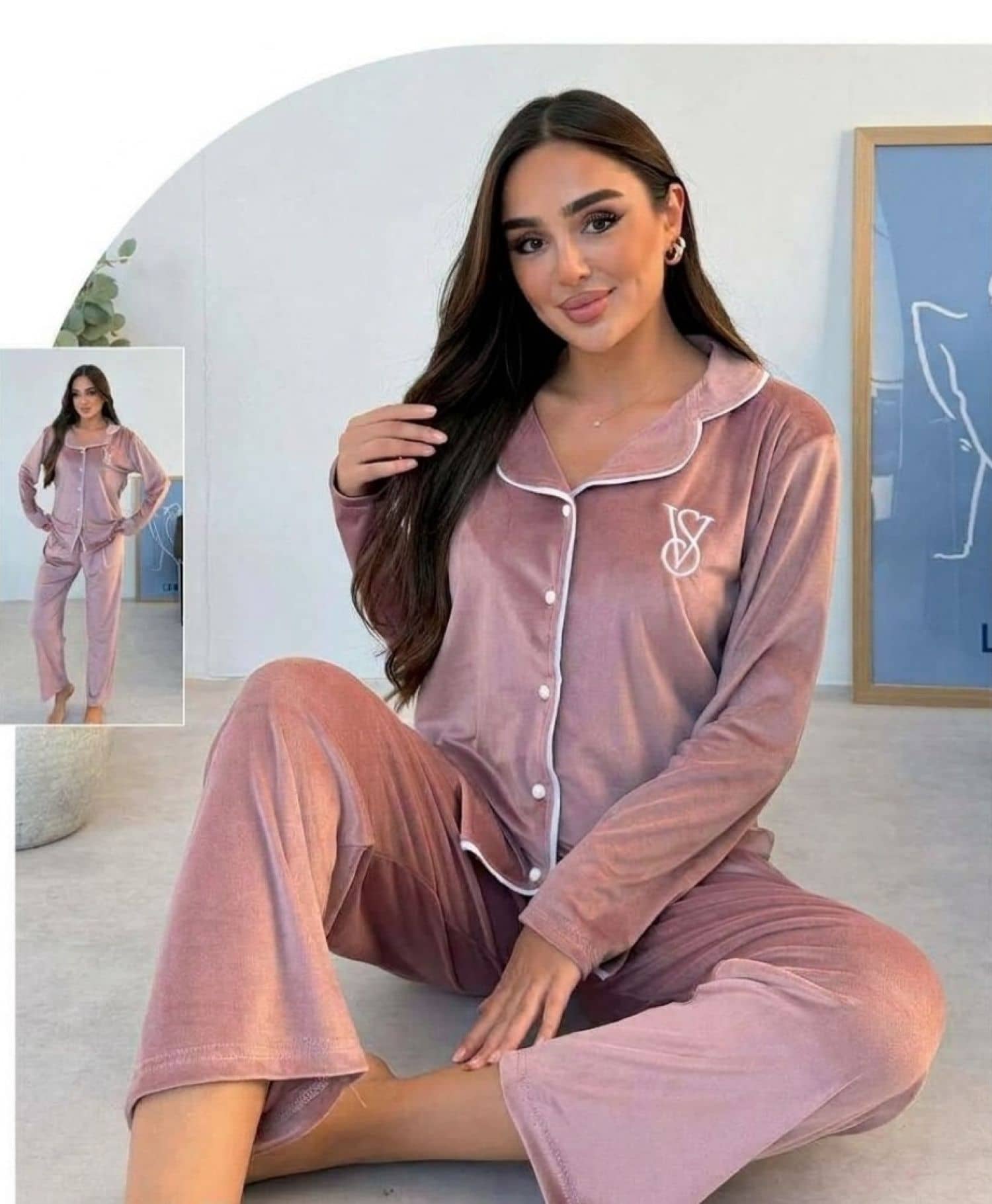 بيجامة كم زرار مخمل VS-001