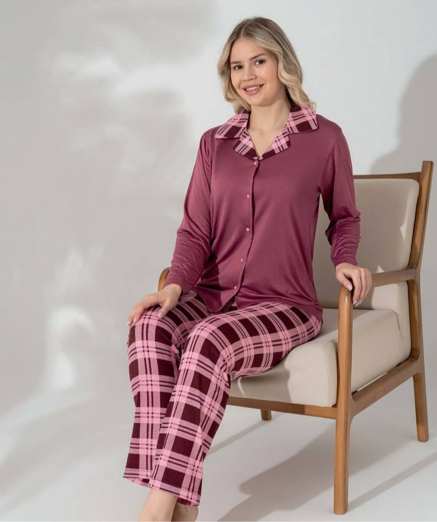Düğmeli Uzun Kollu Pijama mav-7000