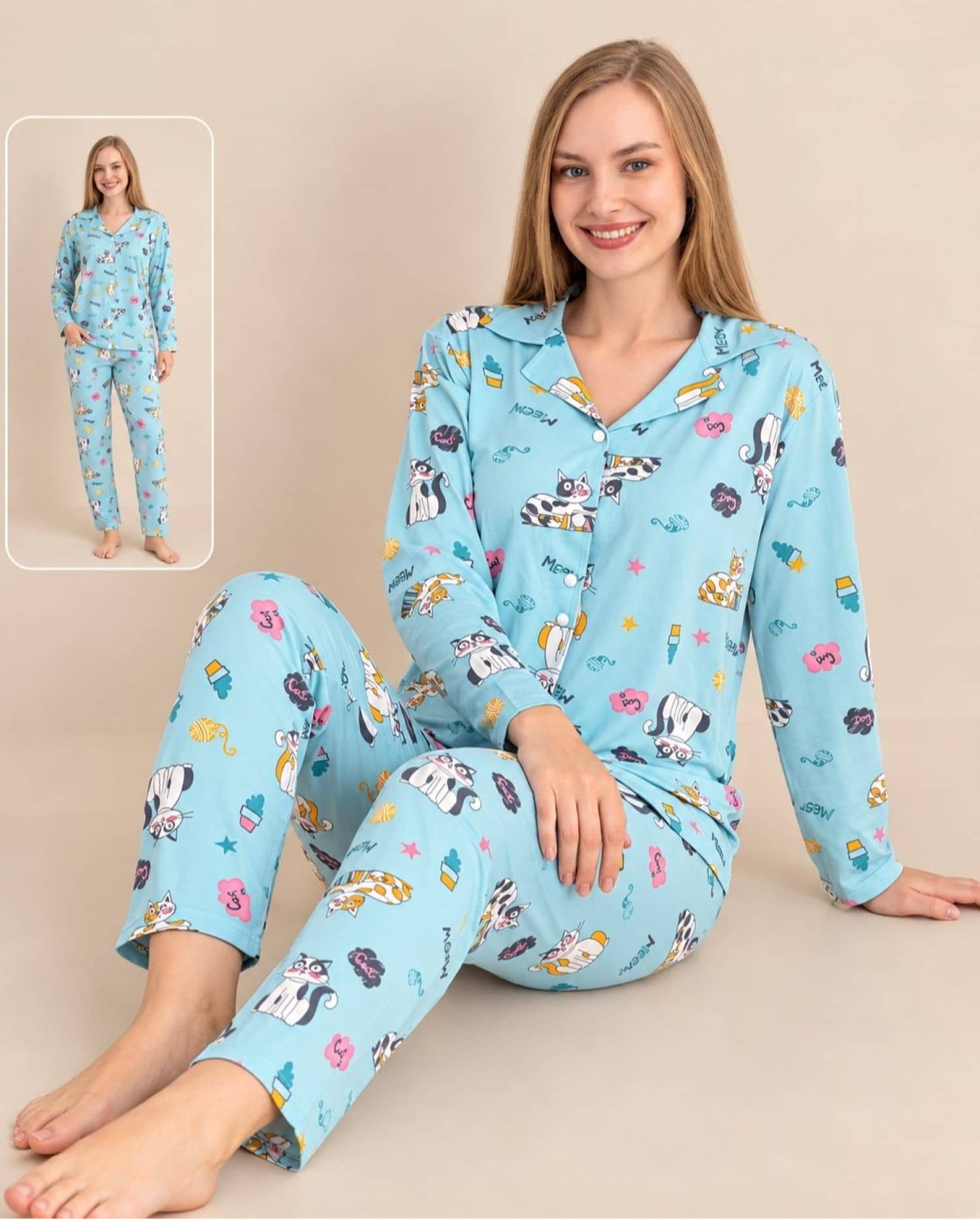 Düğmeli Uzun Kollu Pijama M-019