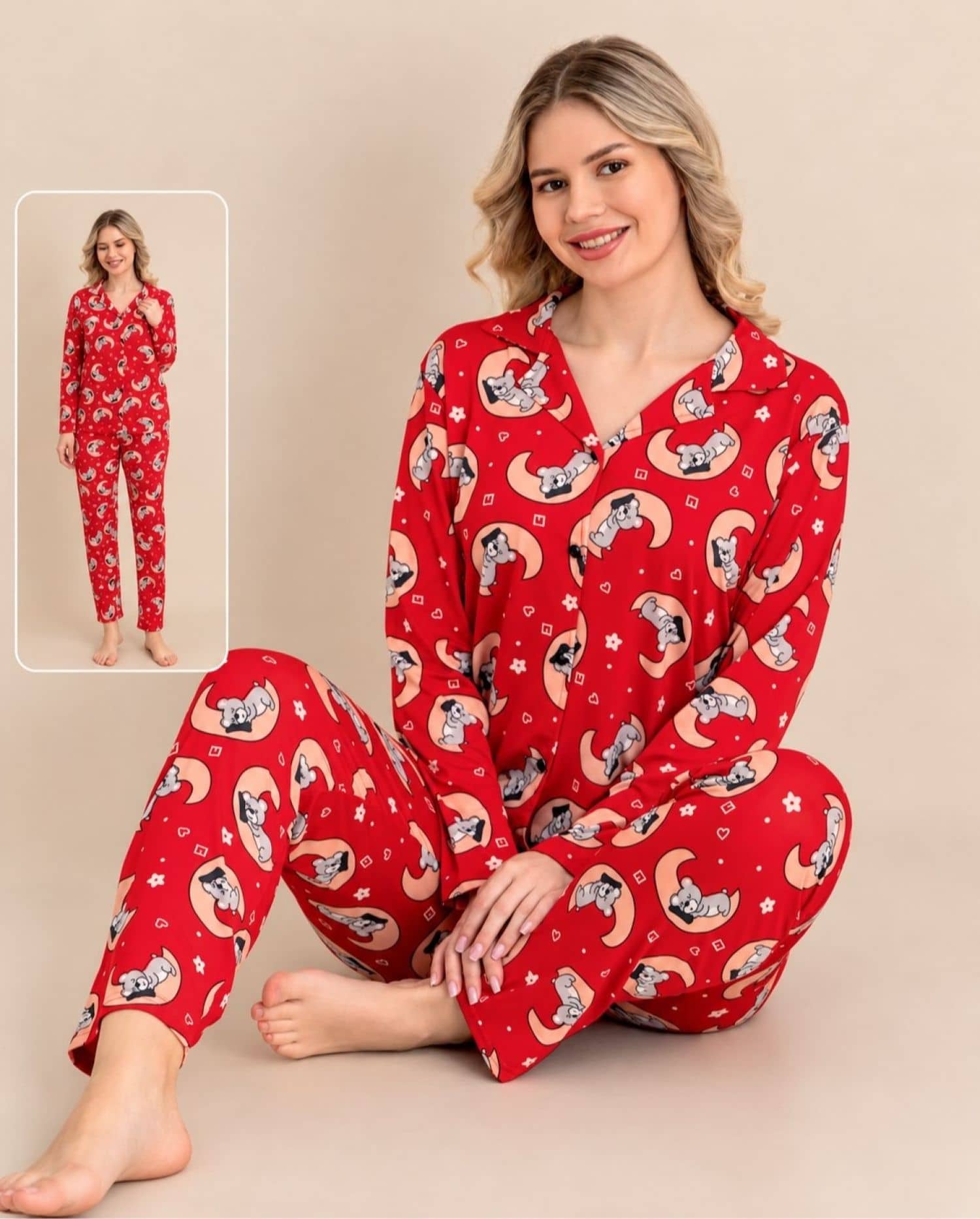 Düğmeli Uzun Kollu Pijama M-019