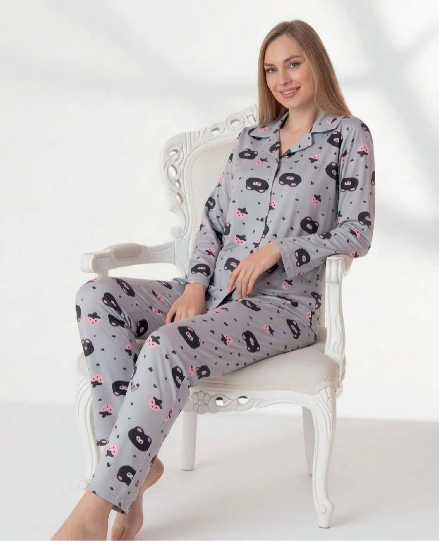 Düğmeli Uzun Kollu Pijama mav-7000