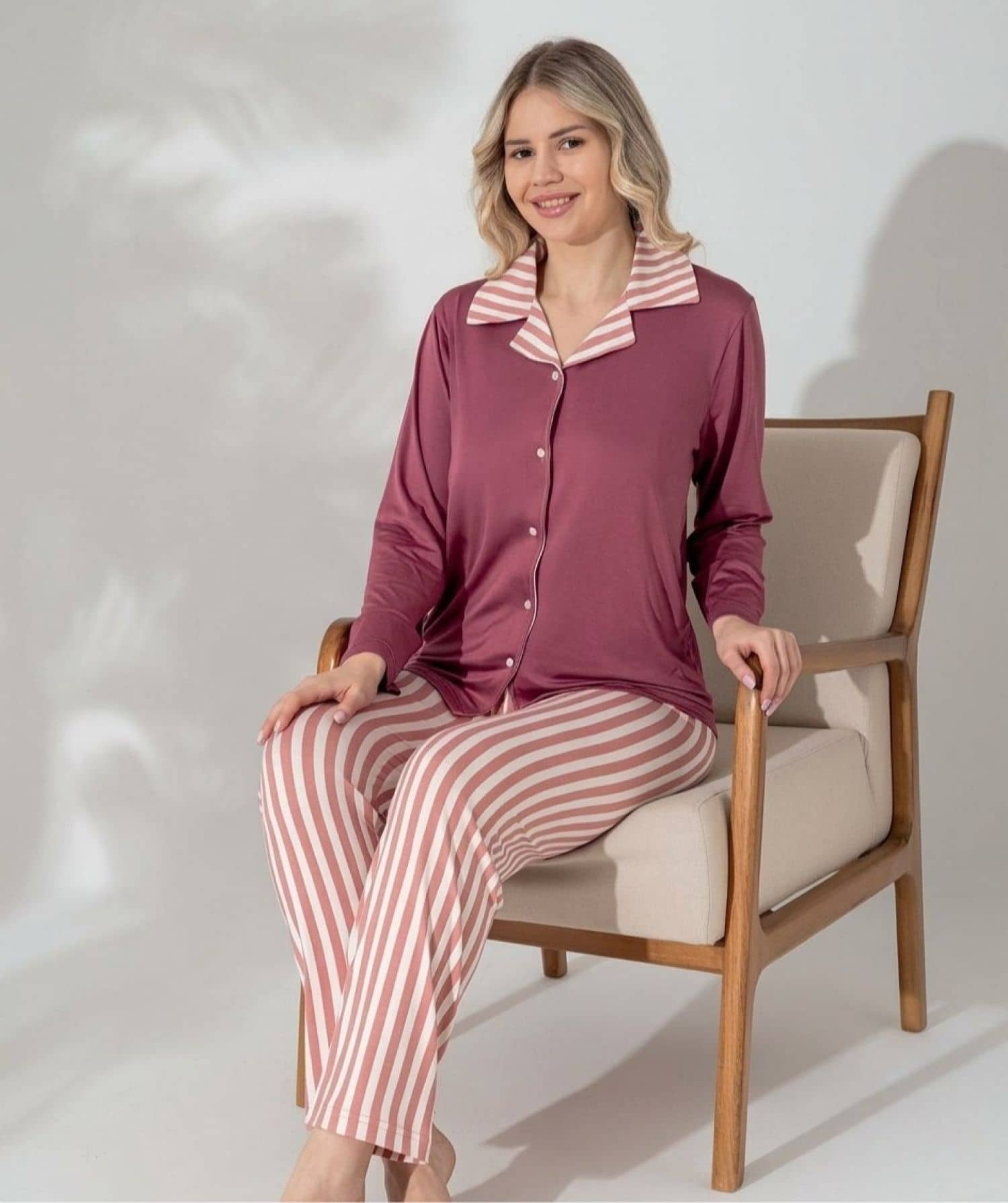 Düğmeli Uzun Kollu Pijama mav-7000