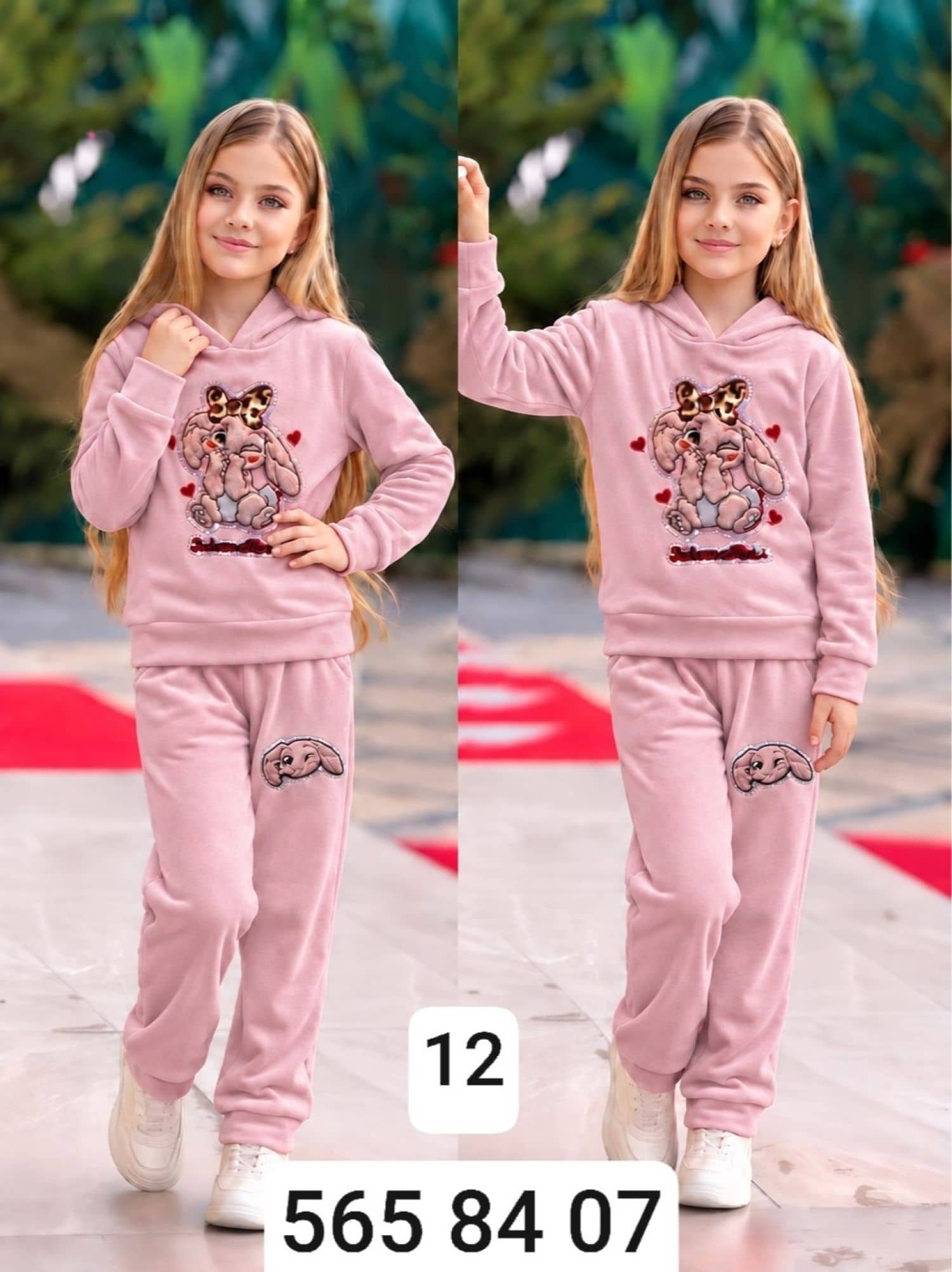 Kız Çocuk Kadife Tavşanlı Tokalı Pijama