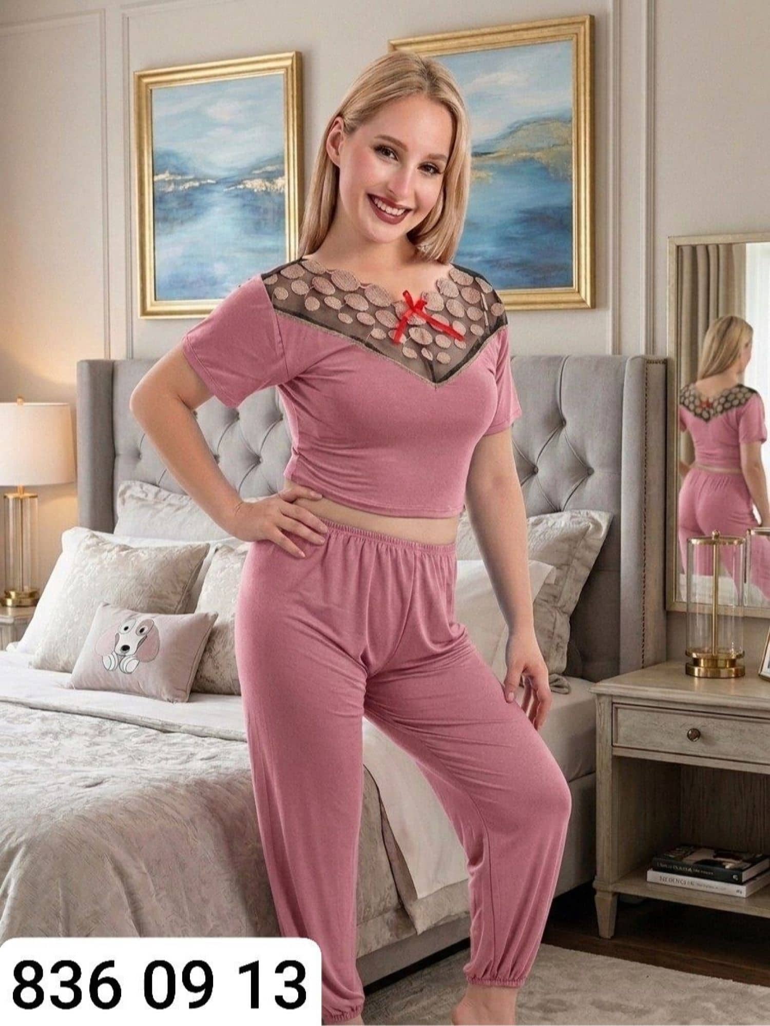 بيجامة نسائي نص كم L2427